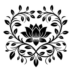 Elegant Black and White Lotus Flower Illustration with Decorative Leaves and Branches Artistic Floral Design for Backgrounds