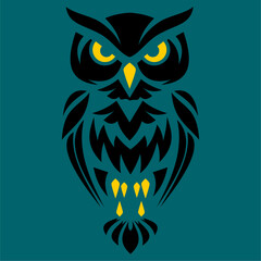 A stylized full-body owl in black and gold on a teal background, highlighting elegance and mystery.