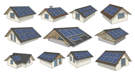 Set of illustrated residential houses with solar panels.