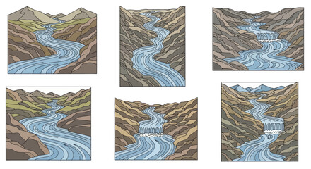 Collection of six stylized mountain river and waterfall illustrations.