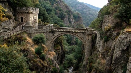 Ancient stone bridge and watchtower structure spanning a deep, forested mountain gorge