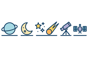 Colorful set of astronomy elements, planets, stars, and space exploration equipment