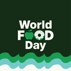 Vector art of world food day graphic with text and icons of an apple and a donut, representing the balance between healthy and indulgent food choices