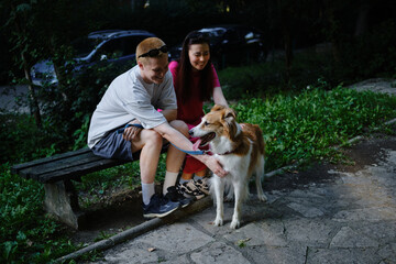 Young couple sitting on a bench and petting their dog in the park. Outdoor lifestyle with pets and love.