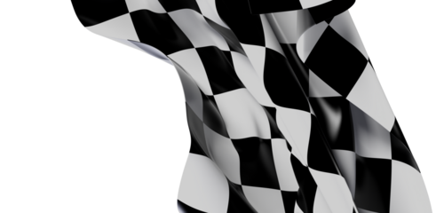 A close up shot of a black and white checkered flag waving against a bright white background, representing motorsport, racing, success and victo
