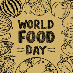 Vector art of world food day illustration with diverse fruits and vegetables surrounding the text in a handdrawn style on a textured background
