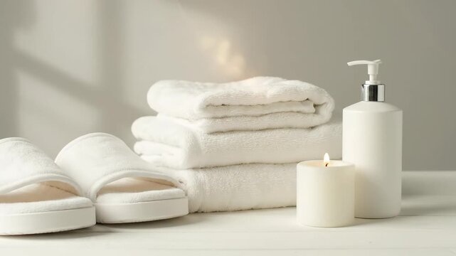Spa and Wellness Arrangement - A tranquil spa arrangement featuring white slippers, a stack of fluffy towels, a lotion bottle, and a lit candle.