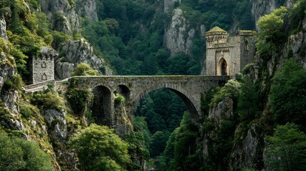 Historic Stone Bridge and Fortified Towers Spanning a Lush Green Mountain Gorge