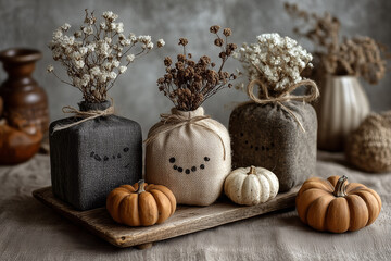 Handmade Halloween pumpkin decor made from natural materials. Pumpkin. Autumn atmosphere.