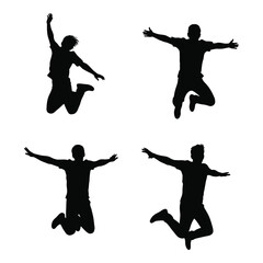 Dynamic silhouette figures of joyful people jumping high in the air for celebration and freedom silhouette