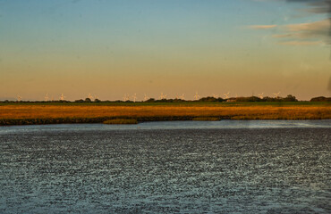 Windmills behind the dike in the evening light. This is in cappel- neufeld, lower saxony, ermany