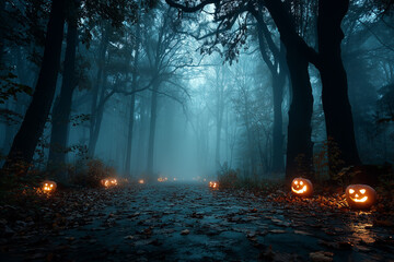 A road in the night fog. A creepy place. An abandoned mystical cemetery. Dim light, candles, moonlight