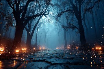 A road in the night fog. A creepy place. An abandoned mystical cemetery. Dim light, candles, moonlight