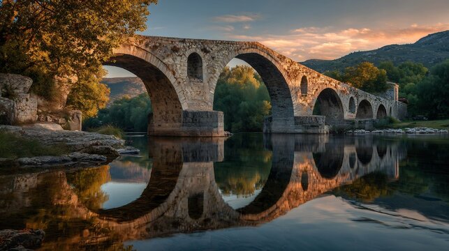 Historic stone arch bridge over tranquil river reflecting vibrant autumn trees and golden hour sunset