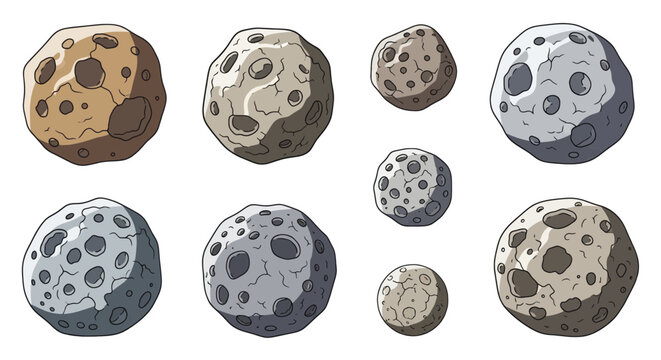 Collection of cartoon asteroids and meteors illustrated as space rocks.