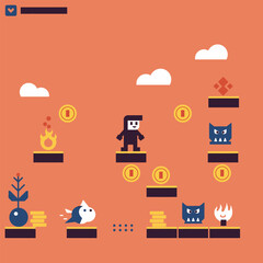 A pixelated video game character navigates a vibrant orange platformer world, collecting coins, avoiding fire hazards, and encountering stylized monsters.