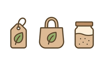 Reusable shopping bag, organic product label tag, and natural food jar symbols