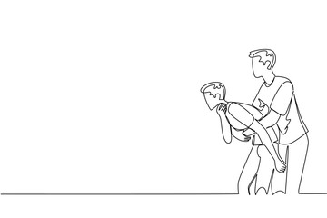 Single continuous line drawing a man performs the Heimlich maneuver on another man holding his neck. Opening a choked airway. Aid. National Heimlich Maneuver Day. One line design vector illustration