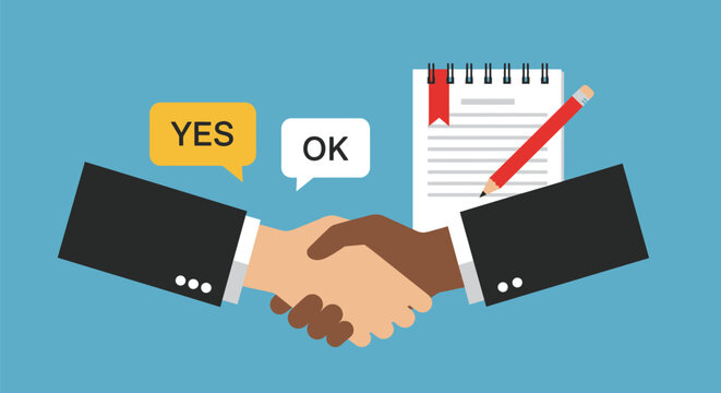 Two business partners shaking hands, agreeing on a contract, with positive feedback.