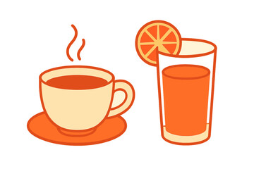 Obraz premium Hot steaming drink on a saucer next to a tall glass of orange juice garnished with a citrus slice