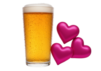 Isolated full glass of lager with water droplets with stack of three pink hearts objects
