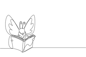 Single one line drawing butterfly is reading a thick book. Reading the story of his own transformation. Good example. Butterfly Education and Awareness Day. Continuous line design graphic illustration