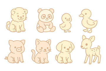 Eight cute baby animals collection featuring lion cub panda pig and fawn
