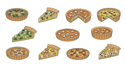 Vector illustration set of various quiche pies with different fillings.
