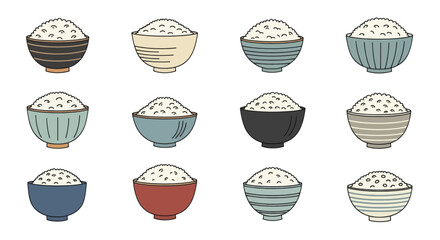 Set of twelve illustrations of rice in colorful bowls.