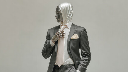 A stylish mannequin in a sleek suit with a tie and a silver hijab stands confidently, showcasing a modern take on fashion and technology