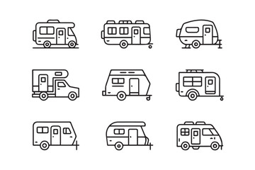 black and white rv and camper vector pack travel trailer motorhome campervan icons set