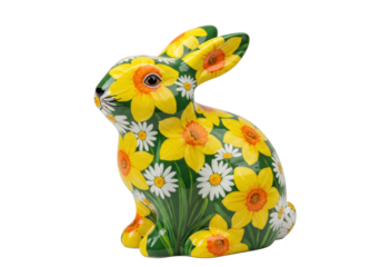 Isolated Easter bunny figure with yellow daffodils and daisies decoration in bright colors