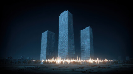 Three tall glass skyscrapers rise against a dark night sky, illuminated by a glowing soundwave pattern representing urban life and energy