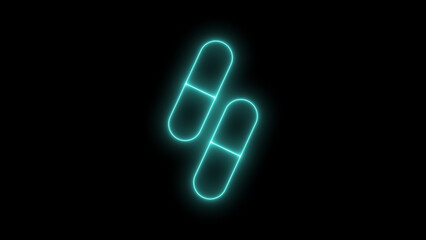 bright blue neon outline of two capsule pills glowing vibrantly on a deep black background, symbolising health and medicine