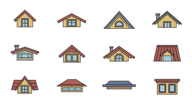 Set of colorful house roof and dormer window icons.