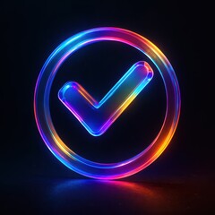 Colorful neon checkmark signifying success in dark background digital art abstract design creative concept
