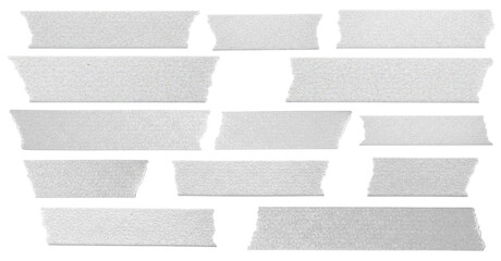 Digital image of white adhesive, sticky, masking, duct tape, paper strips pieces on transparent  background. stock illustration