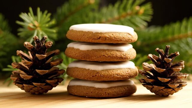 Festive Gingerbread Cookies with Pine Cones - A stack of frosted gingerbread cookies sits beside two pine cones on a wooden surface, with evergreen branches in the background.