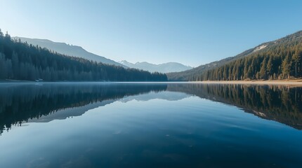 Stunning lake mirroring mountains and lush forest on a serene morning, perfect for nature lovers and outdoor adventure campaigns seeking tranquility