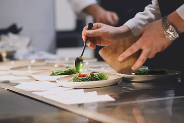 A chef meticulously plating a gourmet appetizer in a professional kitchen, adding a final touch of sauce or reduction with a spoon. Captures fine dining and culinary arts.