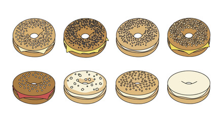 Assortment of illustrated bagels with various toppings and fillings.