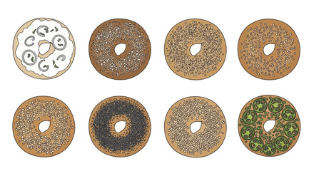 Vector illustration set of various bagels with different toppings.