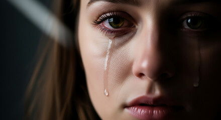 Crying young woman expressing sadness with tears streaming down her face in a dimly lit room, conveying a sense of emotional pain and vulnerability.