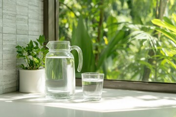 Clear water pitcher and glass on bright countertop with lush gre