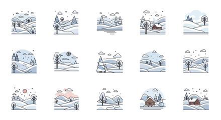Collection of Winter Landscape Line Art Icons.
