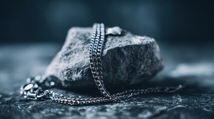 Silver chain bracelet draped loosely on a textured rock