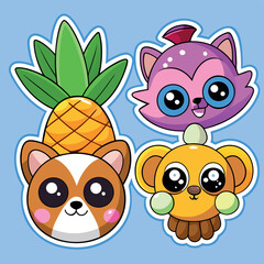 Fototapeta premium Adorable kawaii animal and fruit stickers pineapple cat monkey dog cute cartoon art