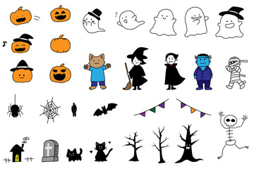 Fototapeta premium かぼちゃ、おばけ、魔女など様々なハロウィンアイテムのシンプルで手書き風なイラスト集