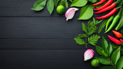 Fresh ingredients for cooking Asian cuisine, including herbs, peppers, garlic, and lime are artistically arranged on a dark background offe copy space.