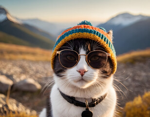 Cat wearing a beanie and sunglasses in the mountains. cat in snow